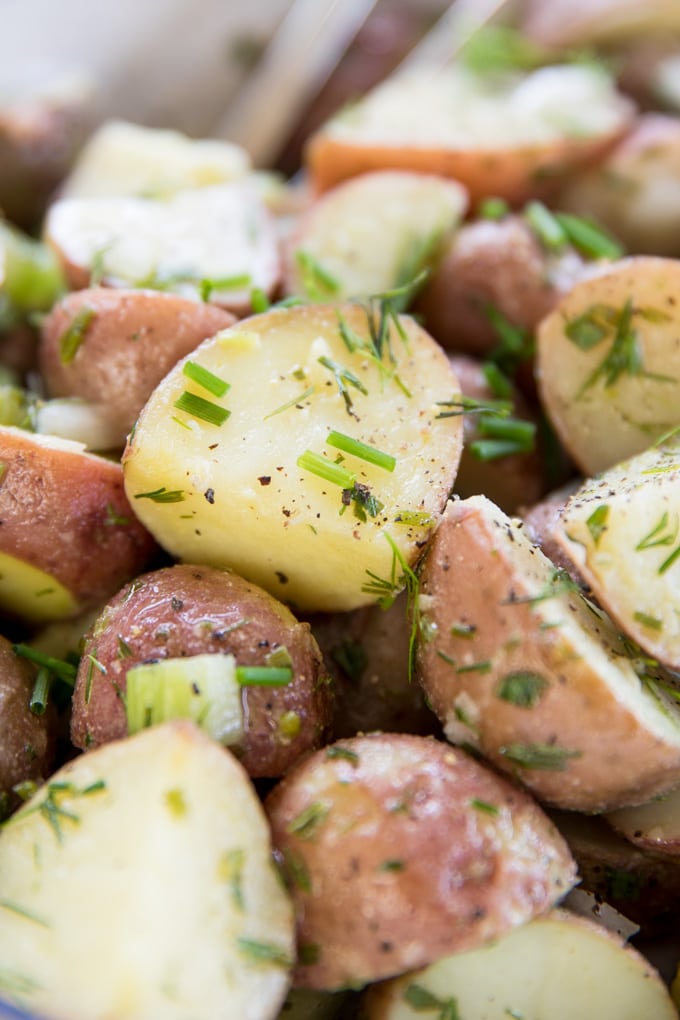 Lemon Herb Red Potato Salad is full of tender potatoes and tons of flavor! Made with an oil based lemon herb dressing and no mayo, it's perfect for summer. A close up image of a chunk or red potato in a lemon herb dressing.