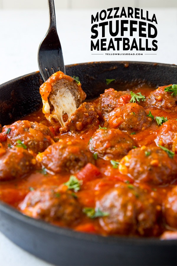 Mozzarella Stuffed Meatballs in a pinterest friendly image with text.