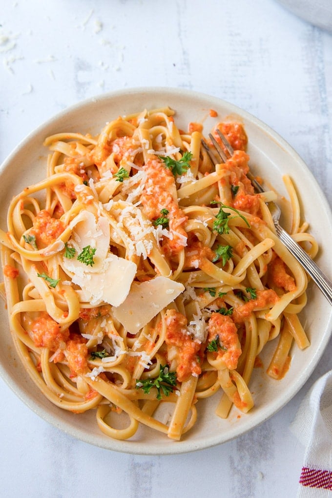 Fettuccine with roasted red pepper sauce and parmesan cheese