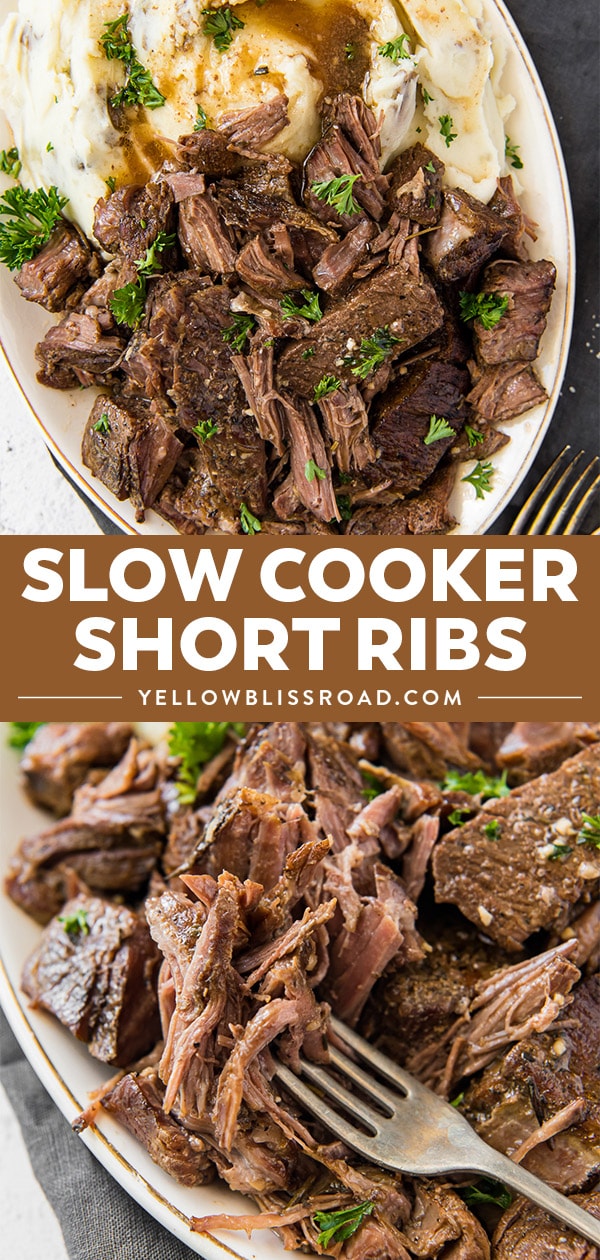 A collage of 2 images of slow cooker ribs