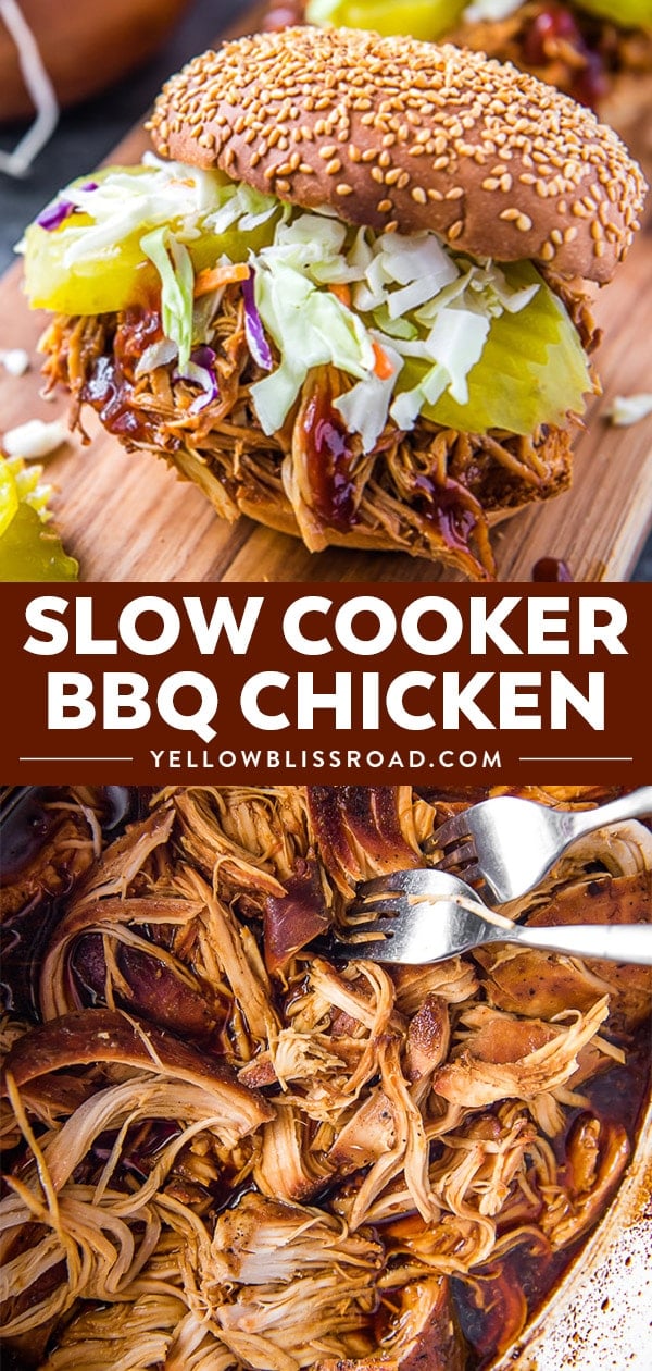 A collage of images depicting bbq chicken made in a slow cooker.