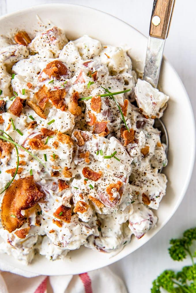 An overhead image of bacon ranch red potato salad.