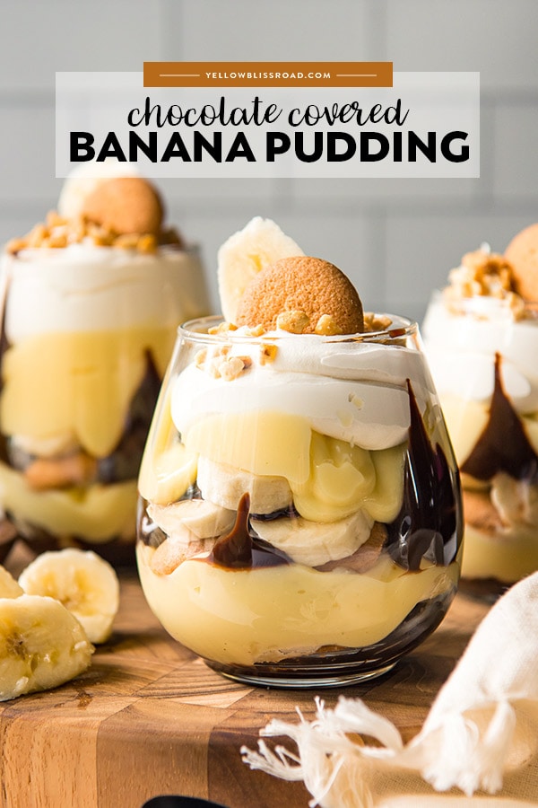Chocolate Covered Banana Pudding Cups pinterest friendly image