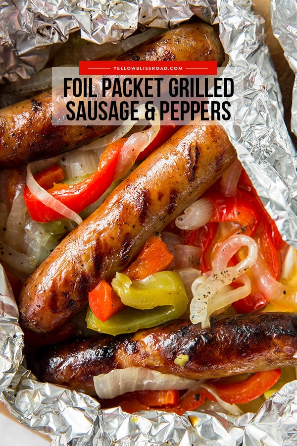 Grilled Foil Packet Sausage and Peppers pinterest friendly image with text overlay.