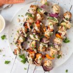 Social media image of chicken and veggie kabobs