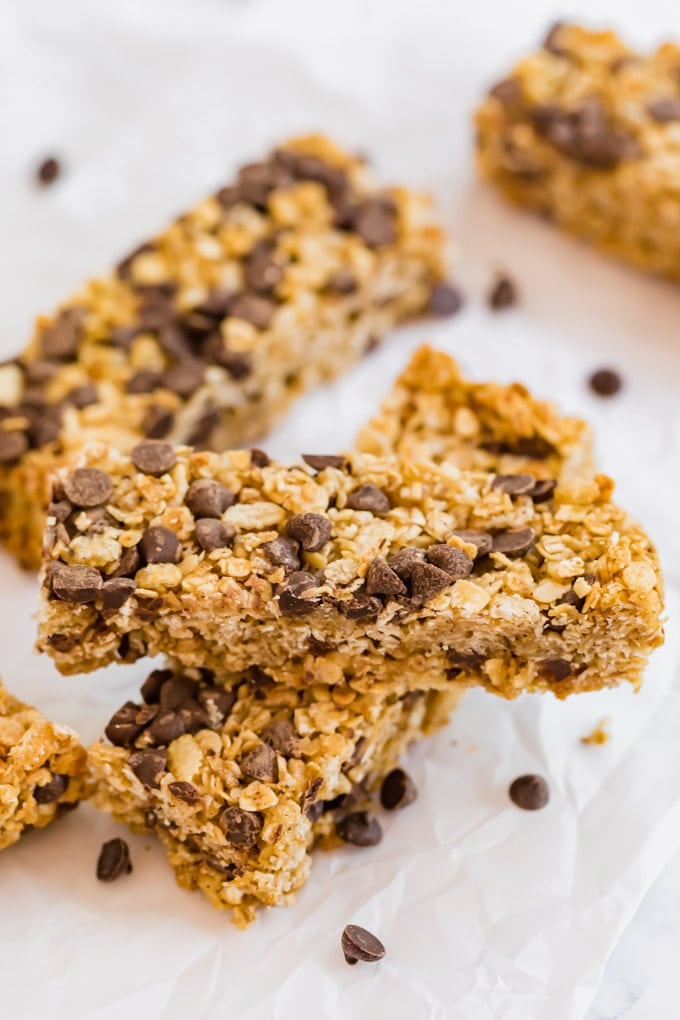 Homemade granola bars stacked on each other