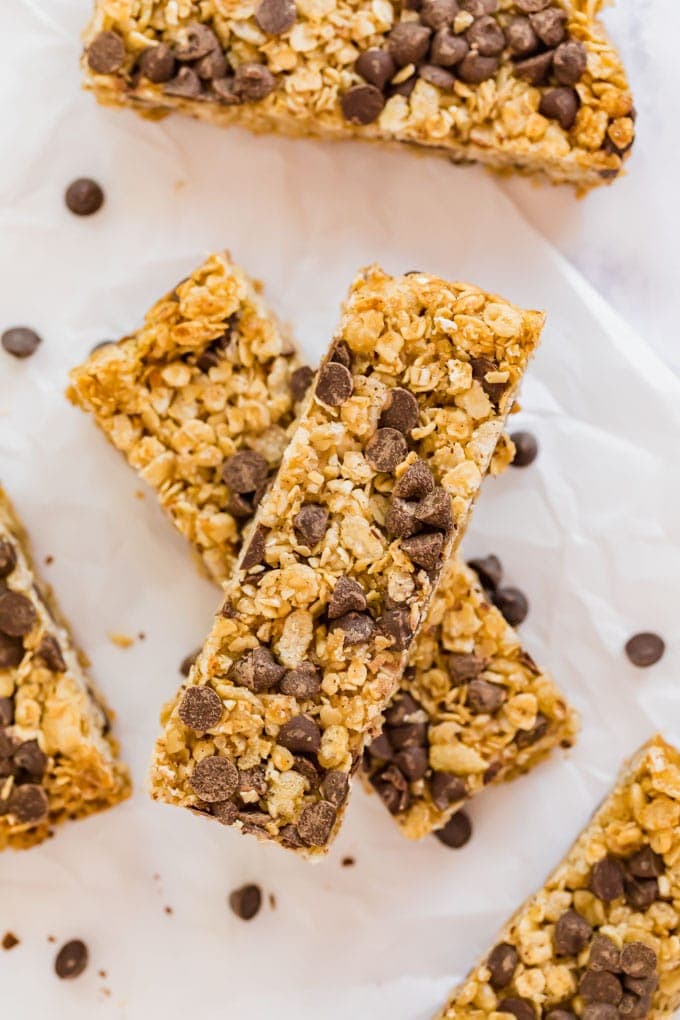 An overhead image of a stack of granola bars with chocolate chips