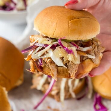 A slow cooker pulled pork sandwich