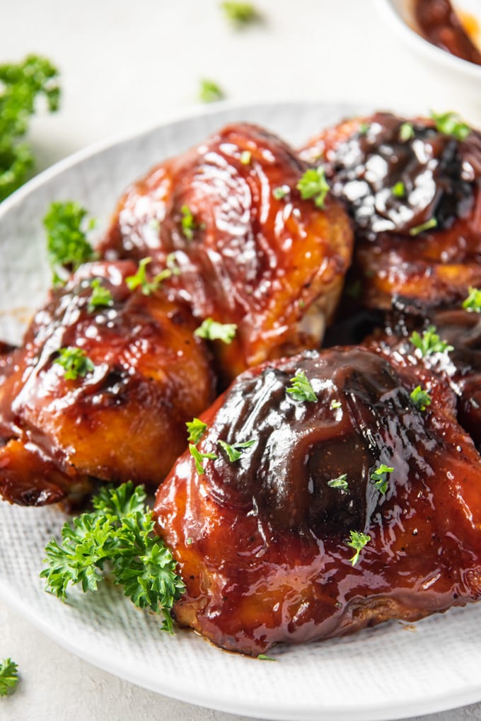 A close up of bbq chicken thighs