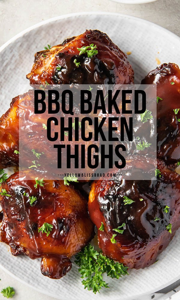 BBQ Baked Chicken Thighs from overhead on a plate and covered with a text overlay