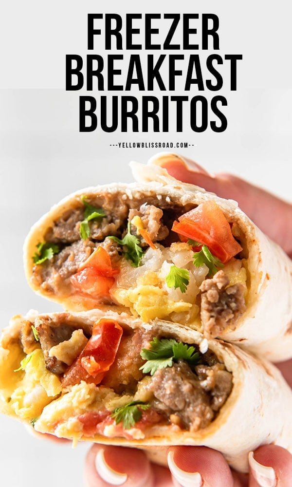Pinterest friendly image of two halves of a breakfast burrito side by side held together by a hand. 