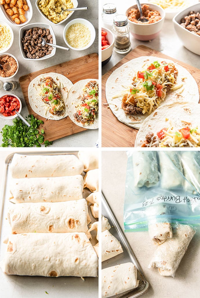 A collage of 4 photos depicting how to assemble breakfast burritos and wrap them for freezing.
