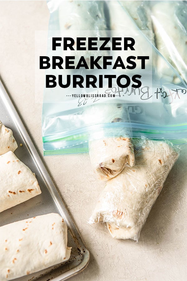 Wrapped up breakfast burritos in a plastic freezer bag with title text overlay