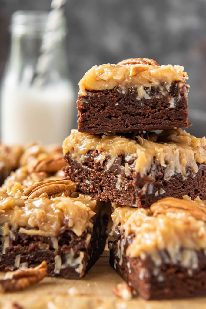 A stack of German chocolate cake brownies