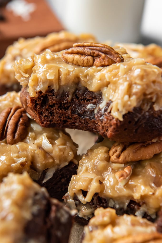 A close up of German chocolate cake