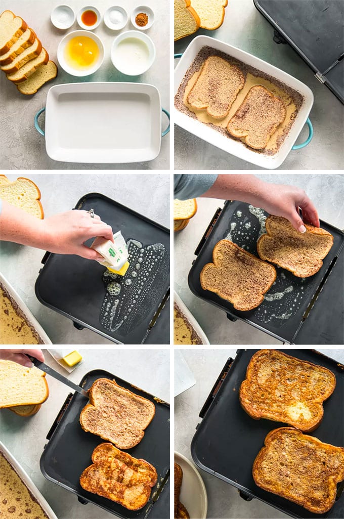 A collage of images depicting the steps for how to make french toast