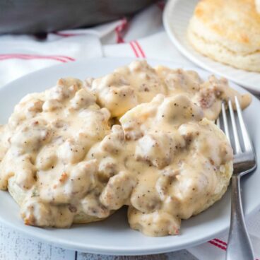 Biscuits and gravy with a weekend staple at my house. The easy Sausage Gravy recipe only takes 20 minutes to prepare and is as good as any breakfast joint!