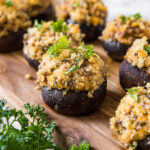 Stuffed mushrooms with breadcrumbs and parsley. Social media image.