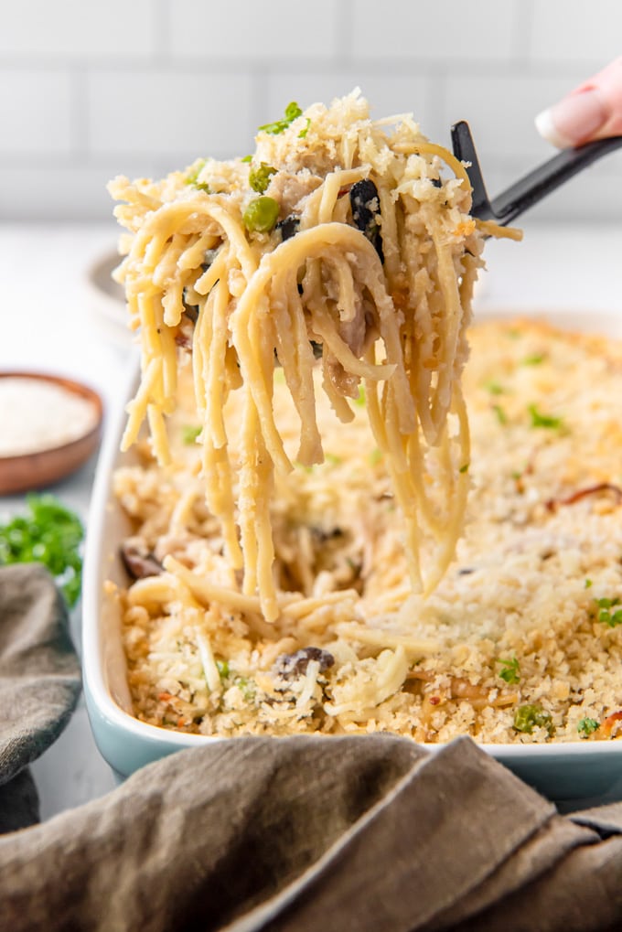 A pasta spoon holding a scoop of turkey tetrazzini above the casserole