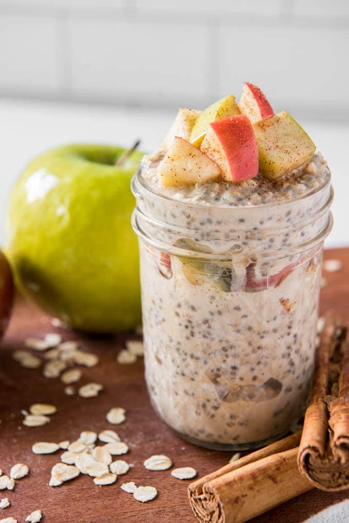 A jar filled with Apple Cinnamon Overnight Oats