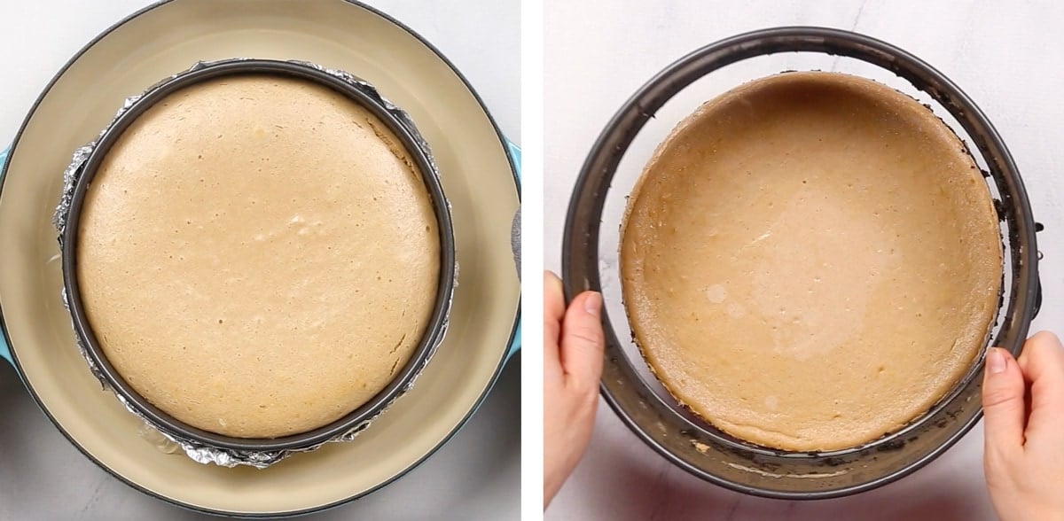 Baked cheesecake showing in a springform pan.