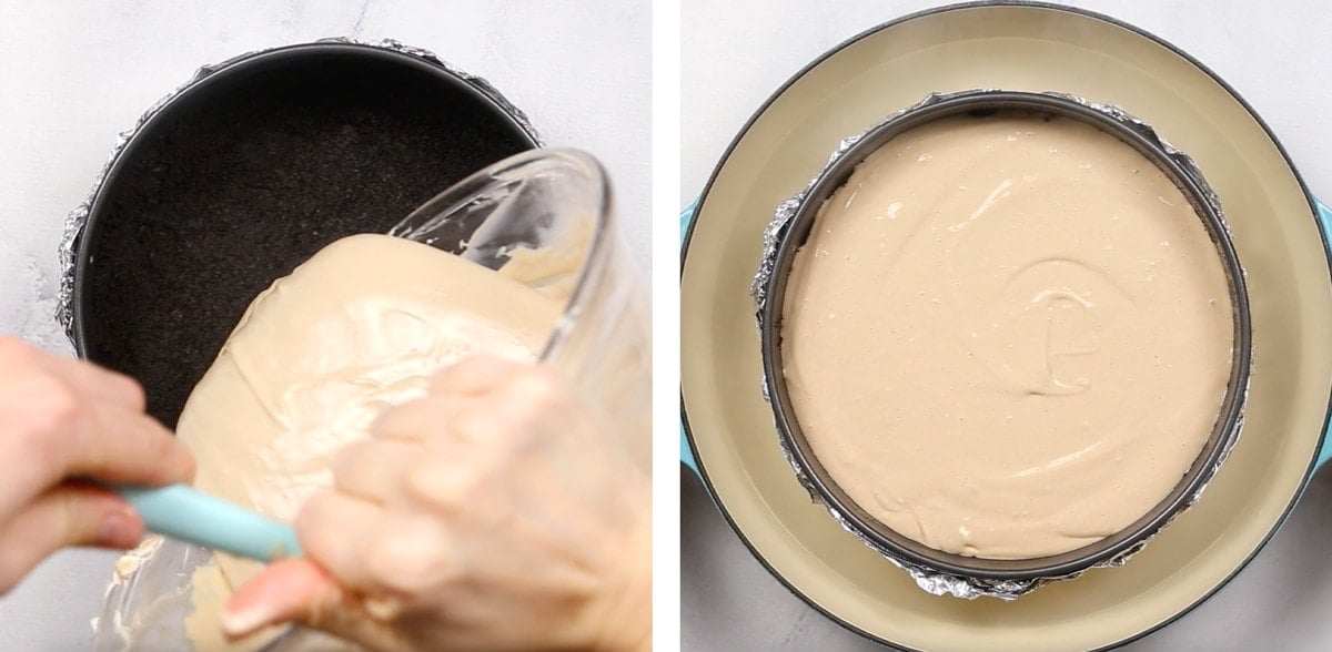 Cheesecake filling being poured onto the crust.