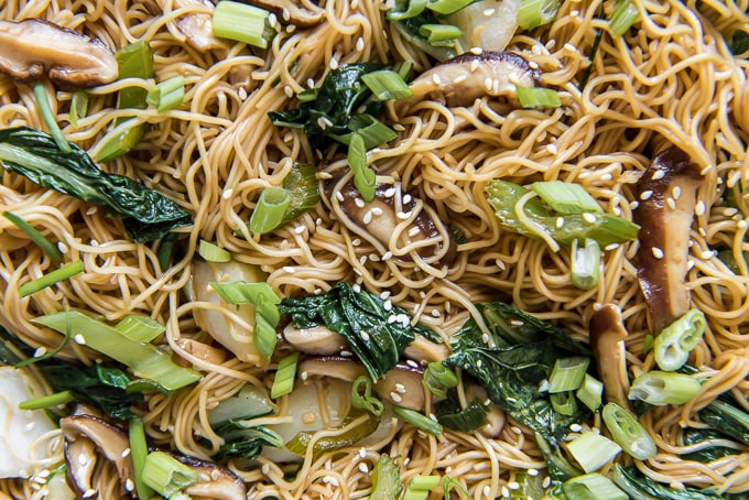 an overhead close up shot of vegetable chow mien