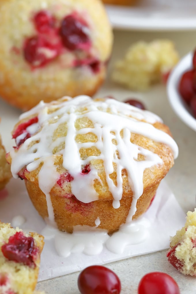 Cranberry Muffin drizzled with powdered sugar glaze.