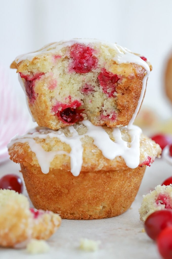 Two Cranberry Muffins stacked on top of each other. 