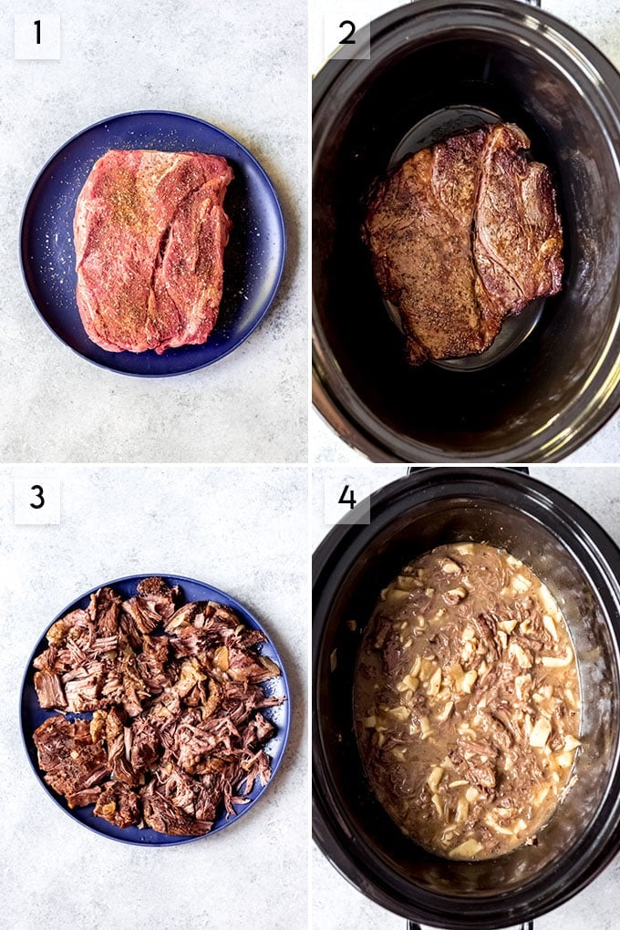 A collage showing steps for how to make crockpot beef and noodles.