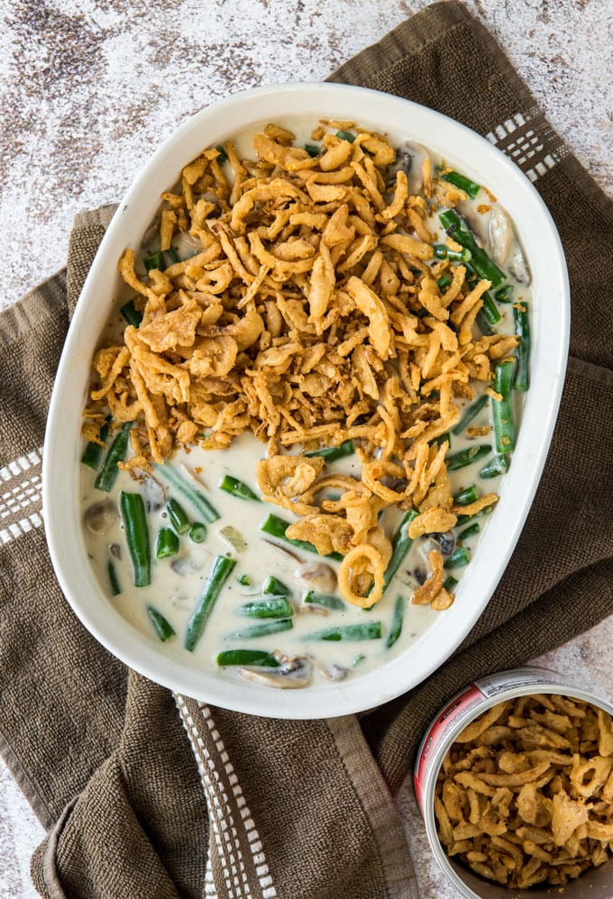 A green bean casserole half put together so show the ingredients