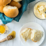 A plate of Rolls, with Butter and Honey