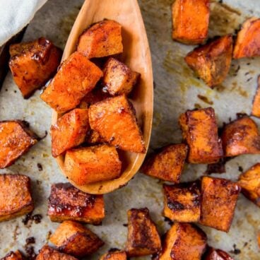 A close up of roasted sweet potatoes