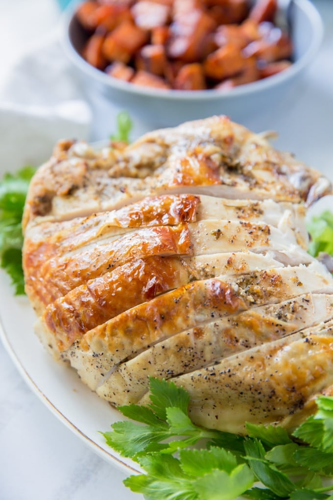 A close up of a sliced instant pot turkey breast