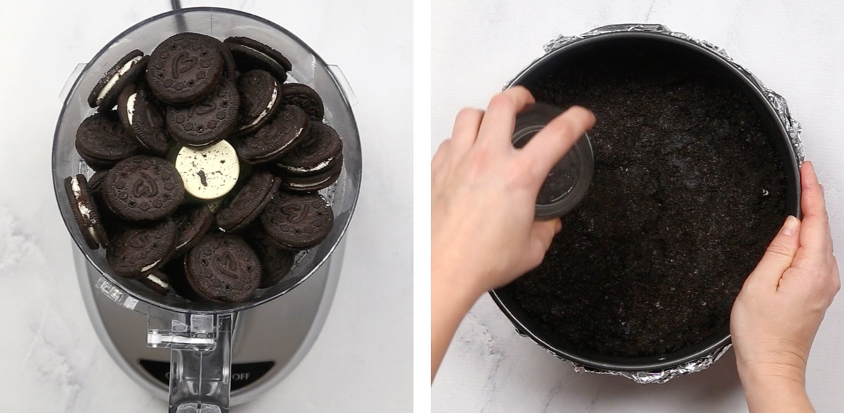 Oreos in a food processor, then being pressed into a springform pan.