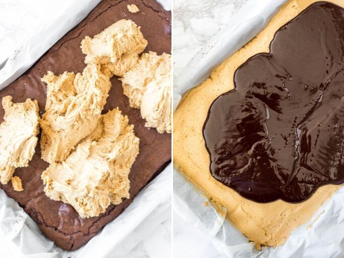 Collage photo showing how to make peanut butter brownies