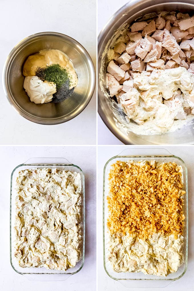 A collage of images showing step-by-step how to make poppy seed chicken.