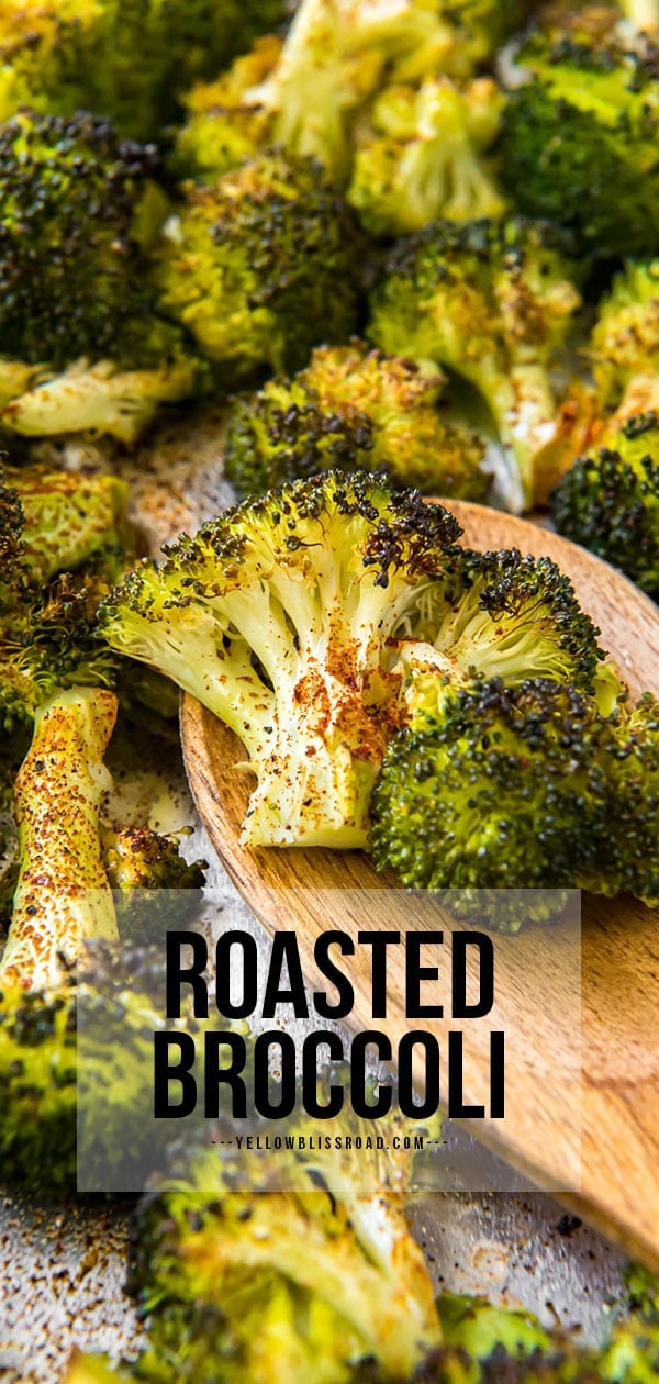 Pinterest friendly image of roasted broccoli with text overlay