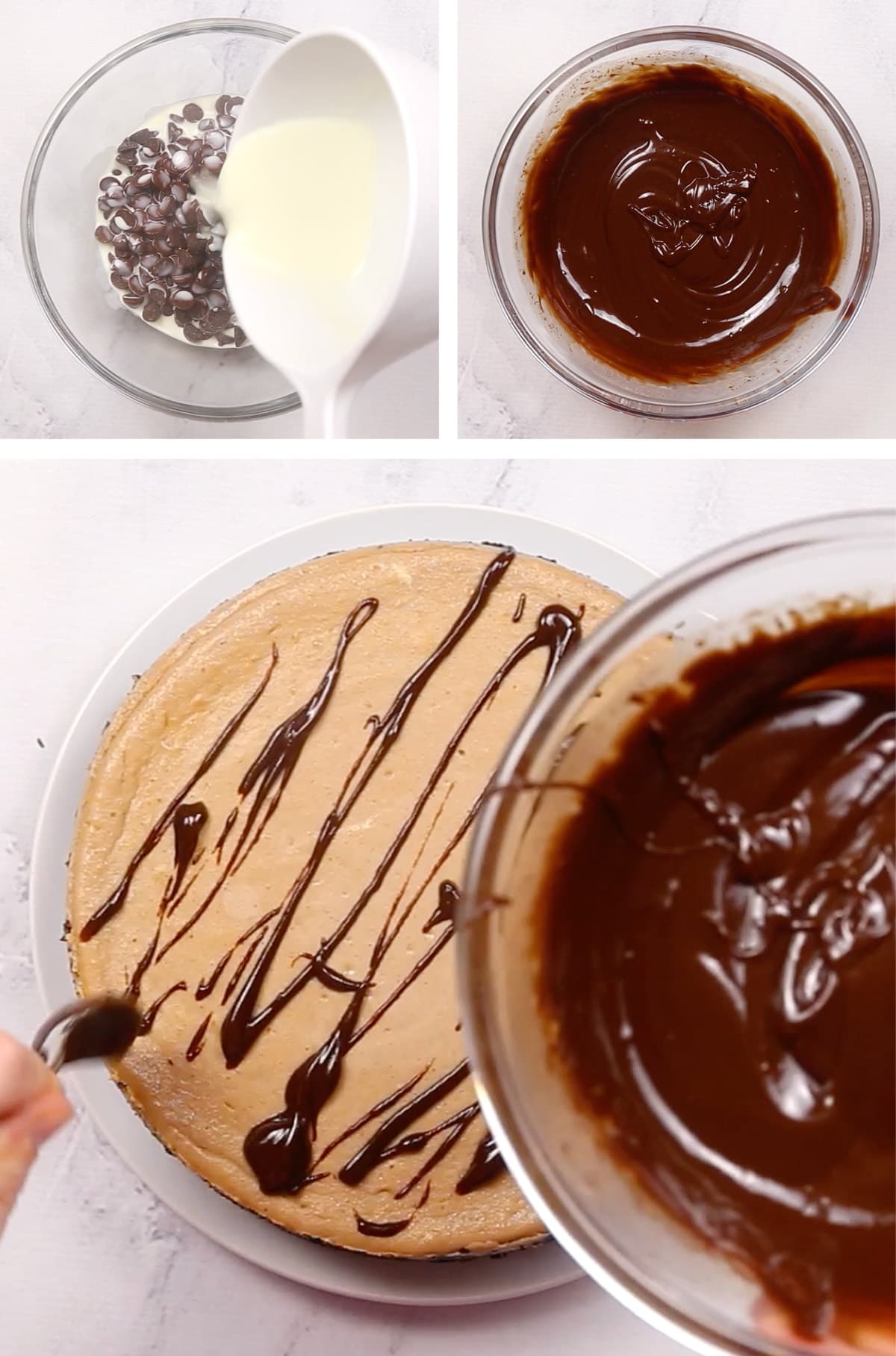 Chocolate chips with hpw cream in a bowl, then in a bowl after being mixed, then showing the chocolate ganache being poured onto the cheesecake.