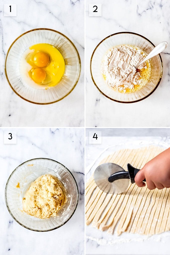 A collage showing steps for how to make homemade egg noodles.