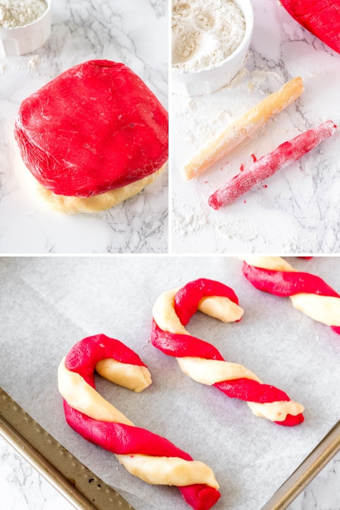 3 process shots showing how to make candy cane cookies