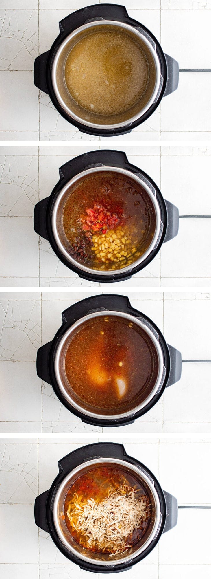 collage of images depicting how to make instant pot chicken tortilla soup