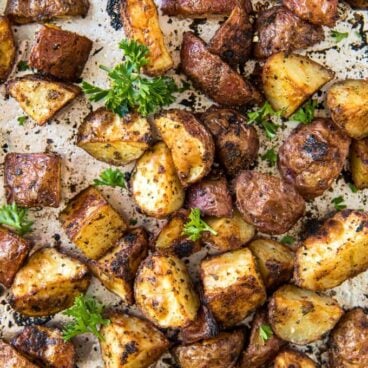 Close up of diced roasted red potatoes