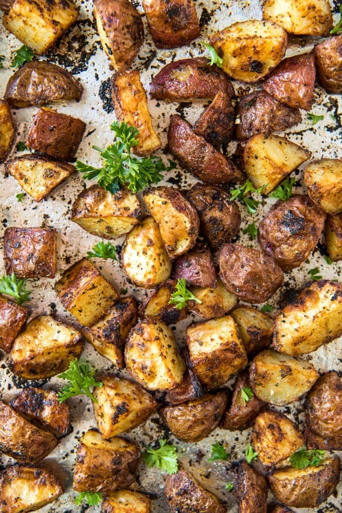 red potatoes on a baking sheet