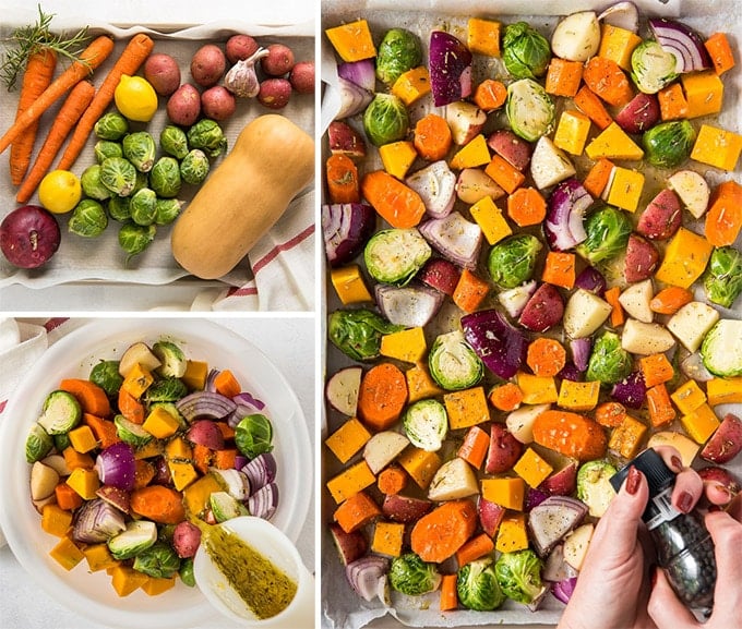 collage of 3 images showing the steps for making roasted vegetables