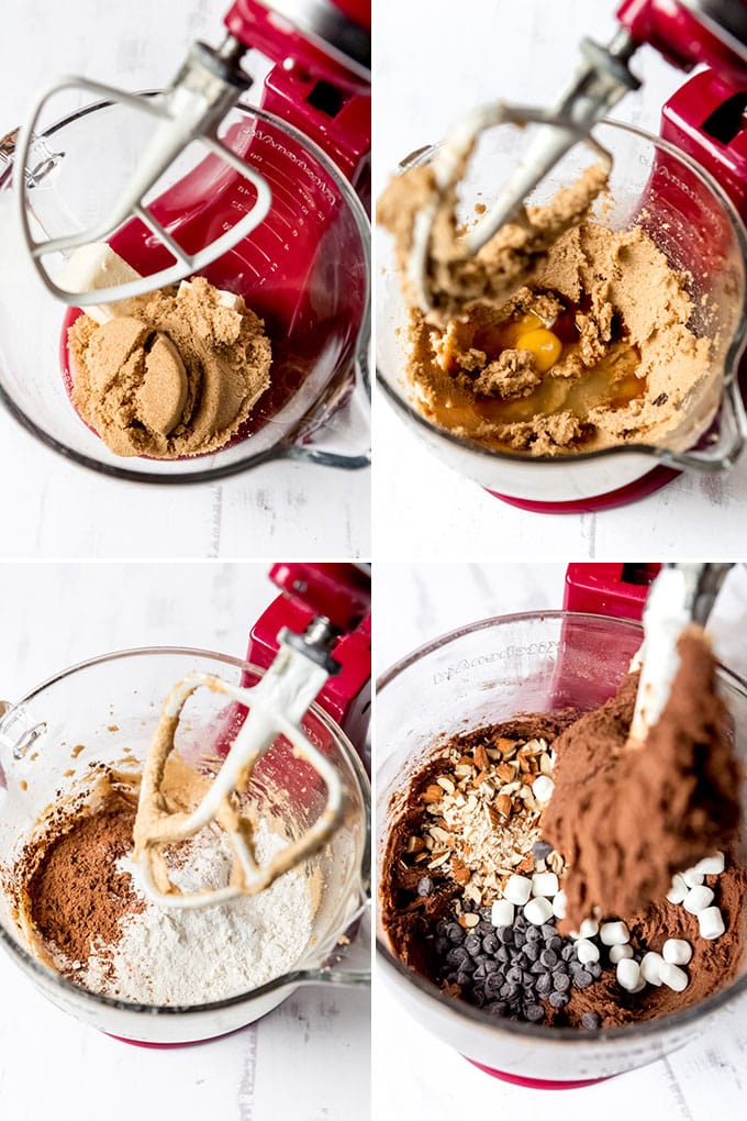 A collage of images showing the steps for mixing rocky road cookie dough.