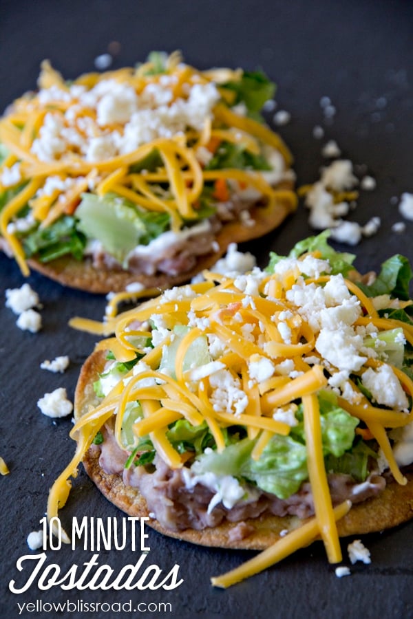 tostadas with beans, lettuce and cheese