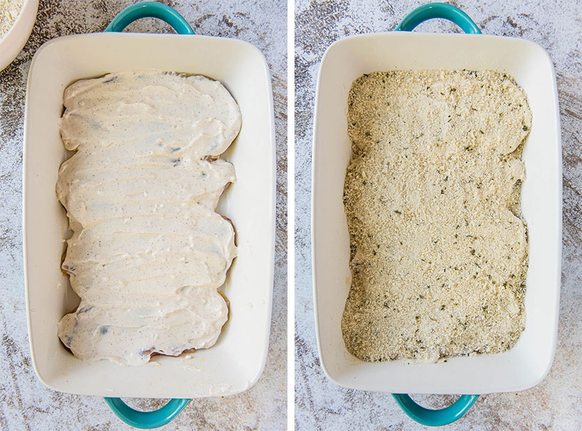 Casserole dish showing steps to baking chicken casserole