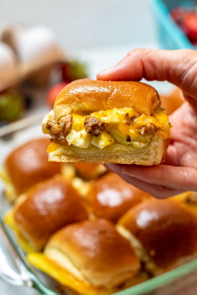 Breakfast Slider being picked up showing eggs and sausage