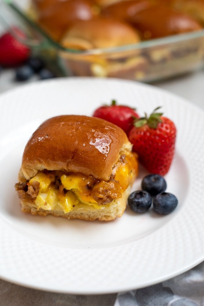 White Plate with Breakfast Slider and fresh fruit